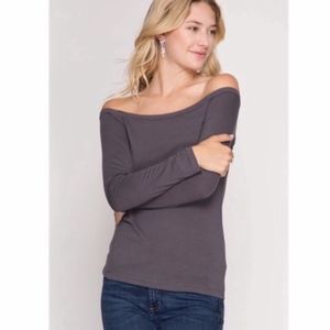 Gray long sleeve off shoulder basic essential top.